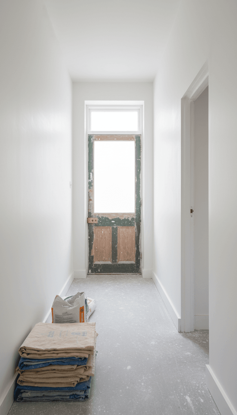 Finished hallway with fresh white plaster walls and a wooden door