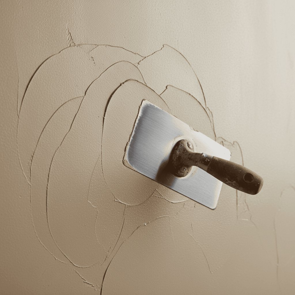 Close-up of smooth plastered wall with trowel