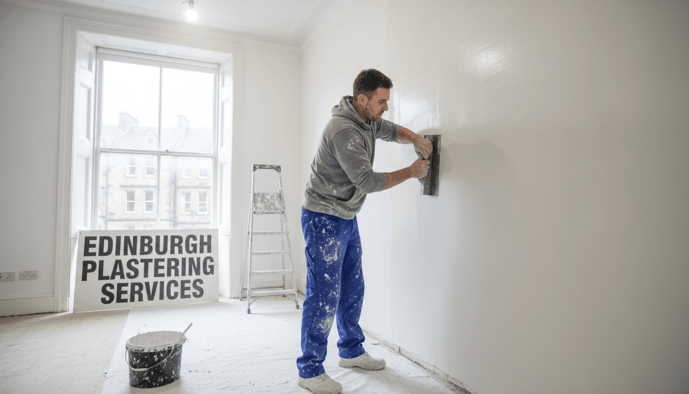 Plasterer smoothing wet plaster on a wall with a trowel in an Edinburgh home