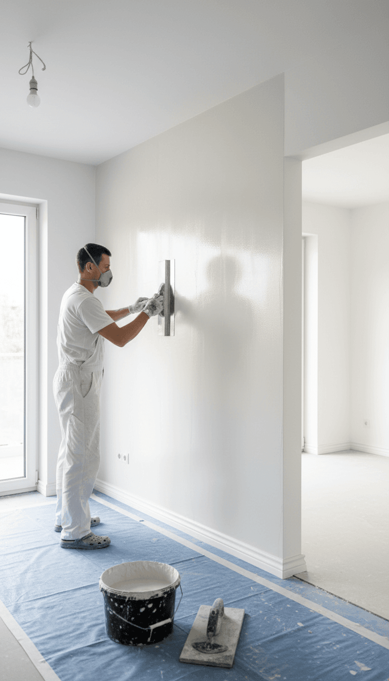Plasterer smoothing a wall with a trowel during a skimming job in Edinburgh
