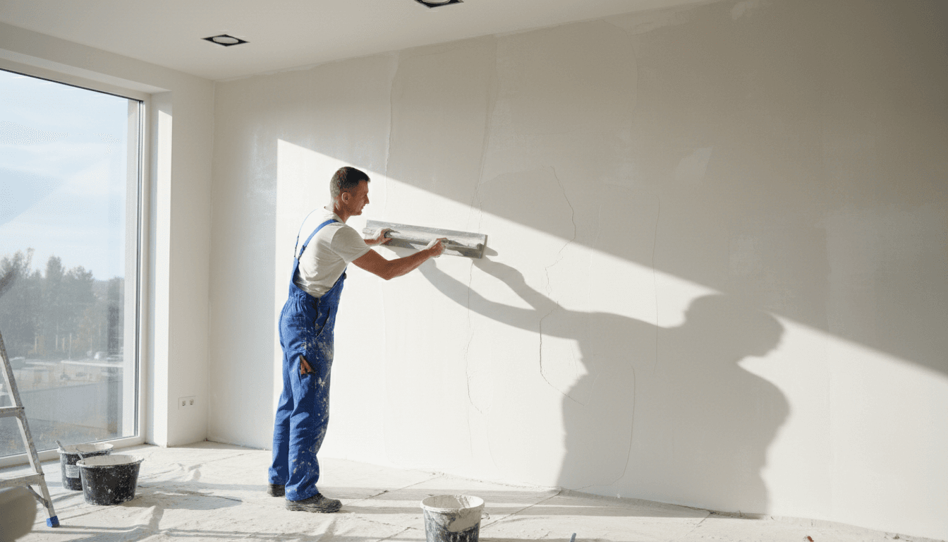 Professional plasterer smoothing wet plaster on a wall with a trowel in a bright room