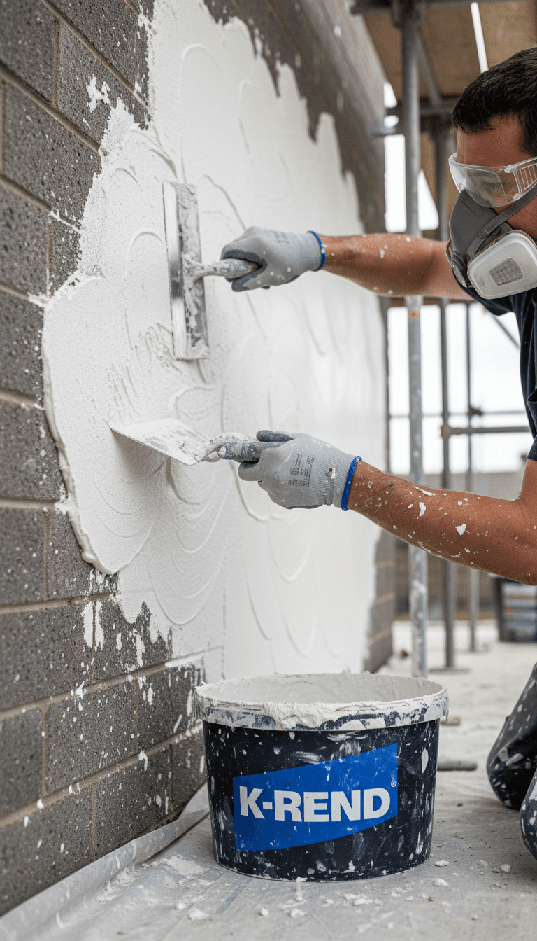Plasterer applying K-Rend to an exterior wall with a trowel