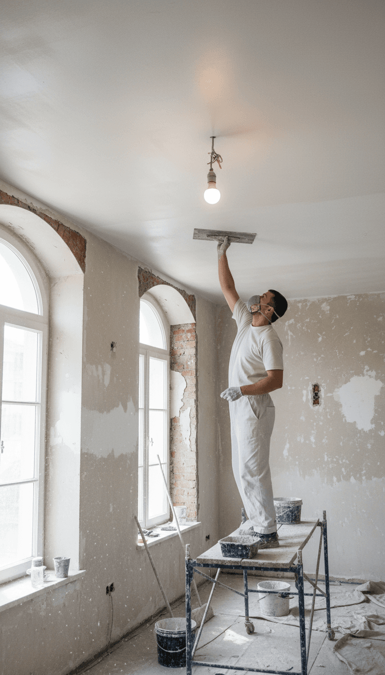 Plasterer smoothing fresh plaster on a ceiling with a trowel in a bright room