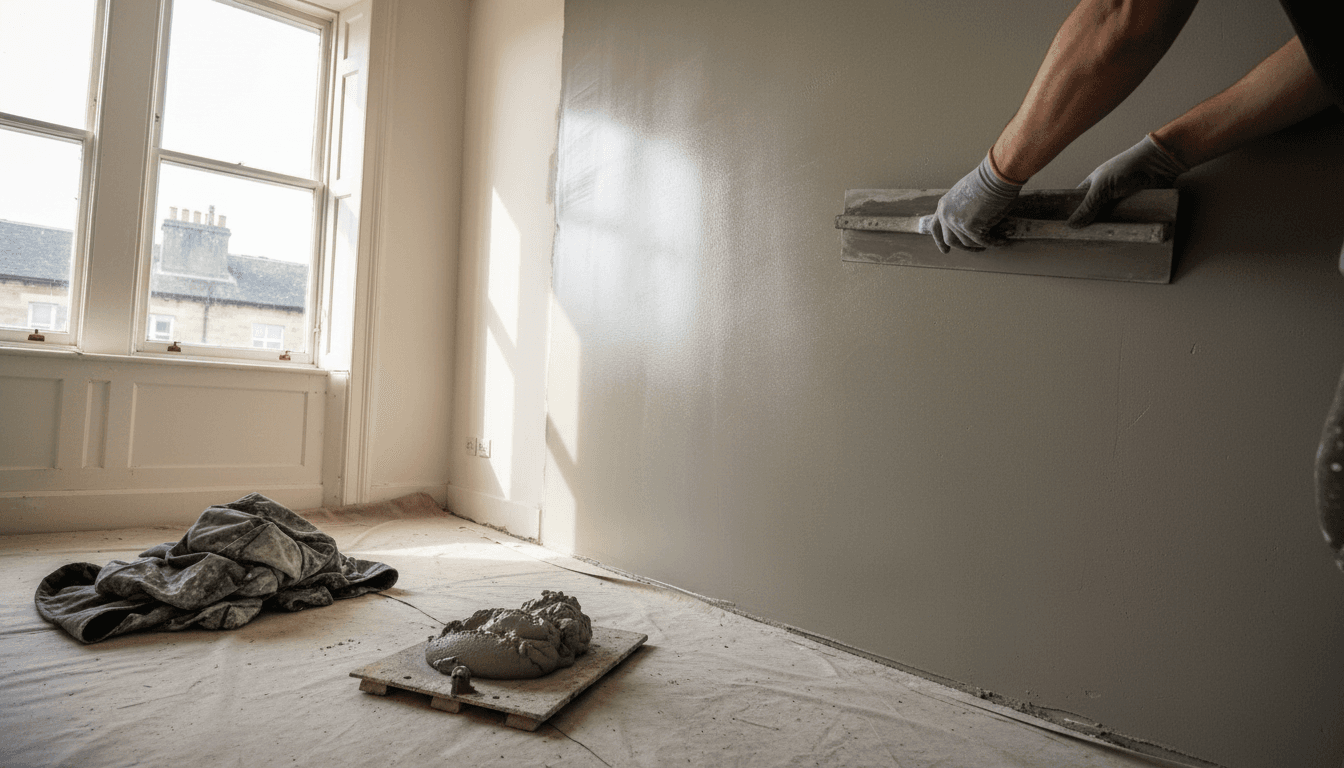 Close-up of skilled hands applying smooth plaster to a wall