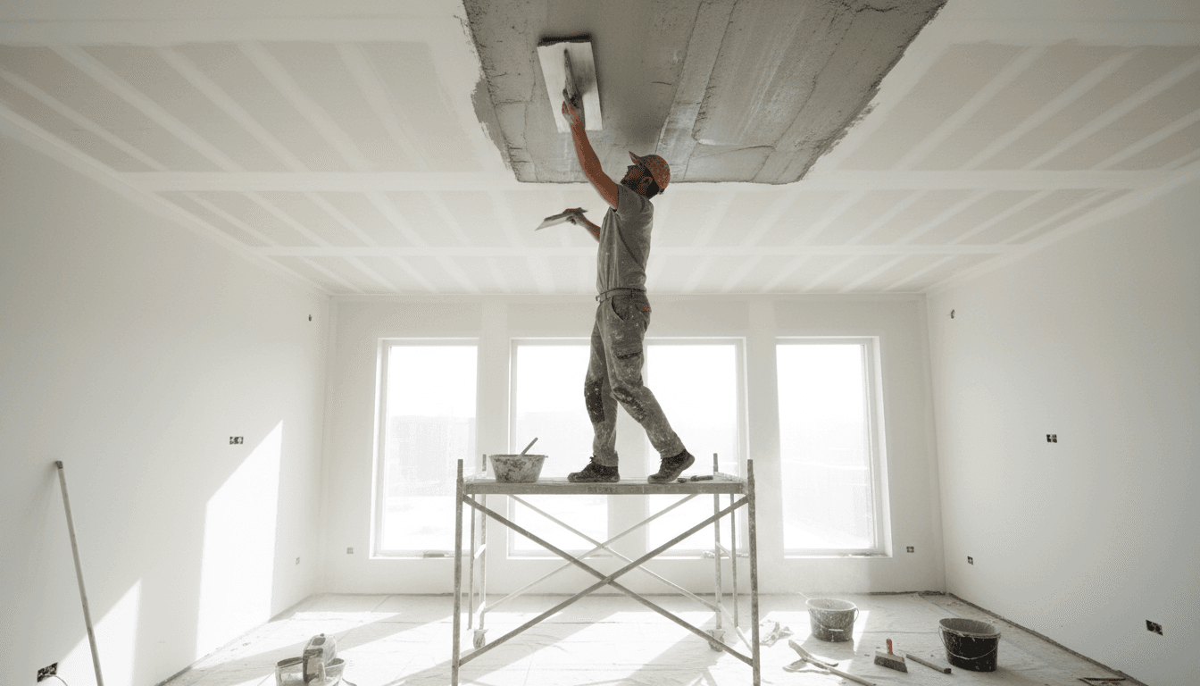 Plasterer smoothing fresh plaster on a ceiling with a trowel in a bright room
