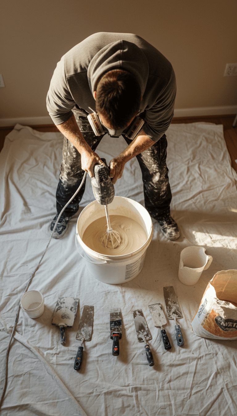 Plasterer mixing plaster in a bucket during a residential job