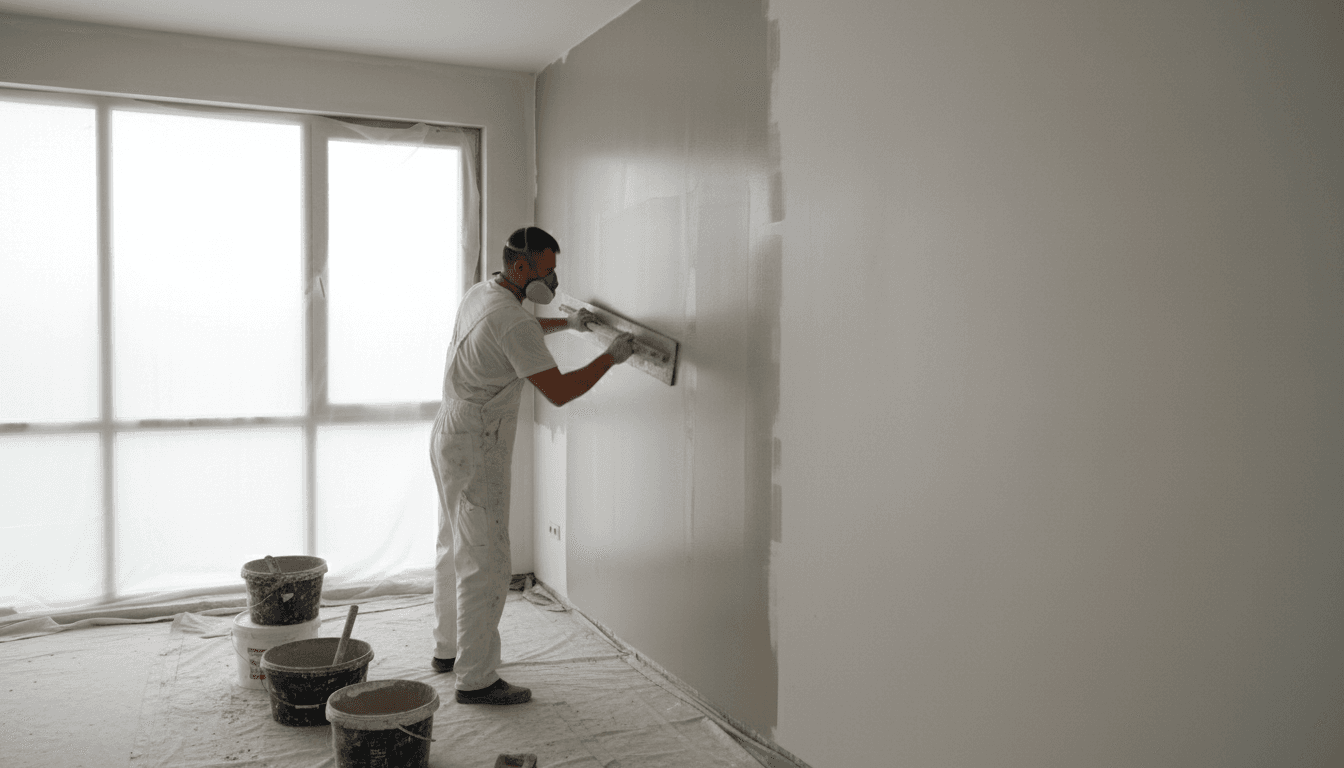 Professional plasterer applying smooth finish to an interior wall with a trowel
