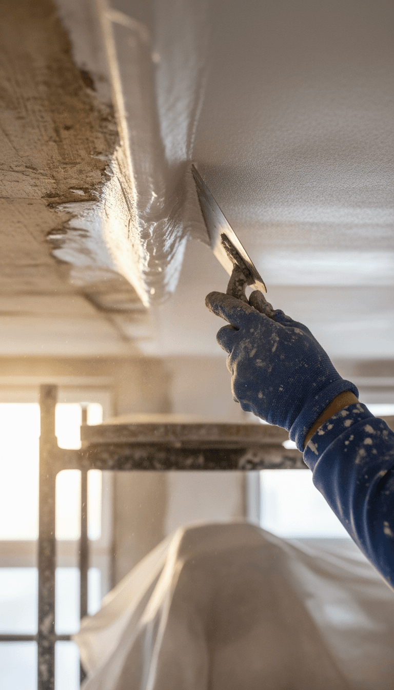 Plasterer smoothing plaster on a ceiling with a steel trowel