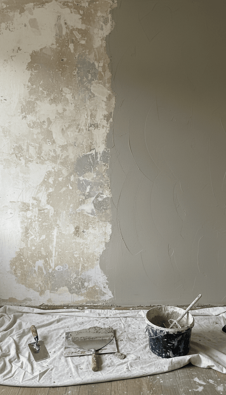 Half-finished wall showing old texture next to new smooth plaster