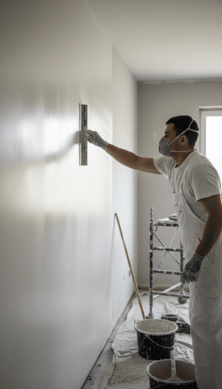 Professional plasterer applying smooth finish to interior wall with trowel