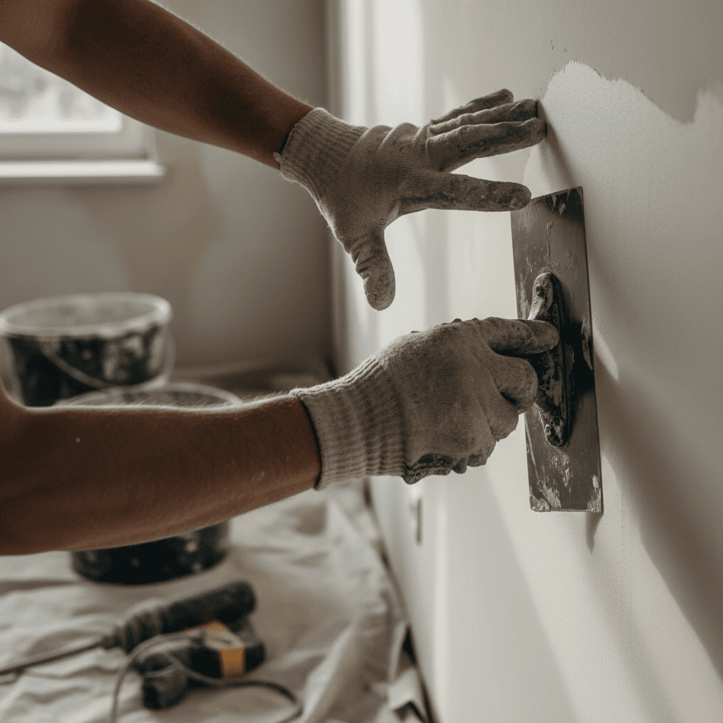 Plasterer trowelling fresh skim coat onto a living room wall