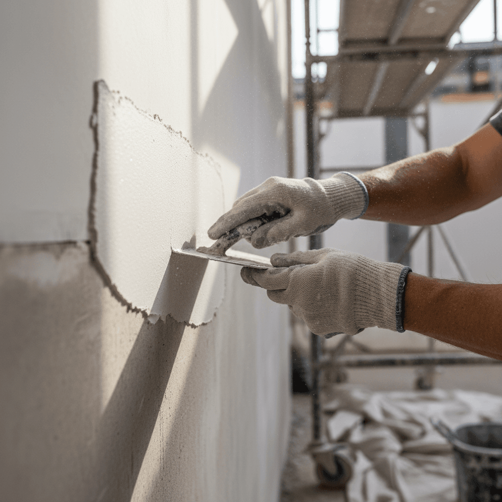 Professional plasterer's trowel smoothing fresh plaster on a wall