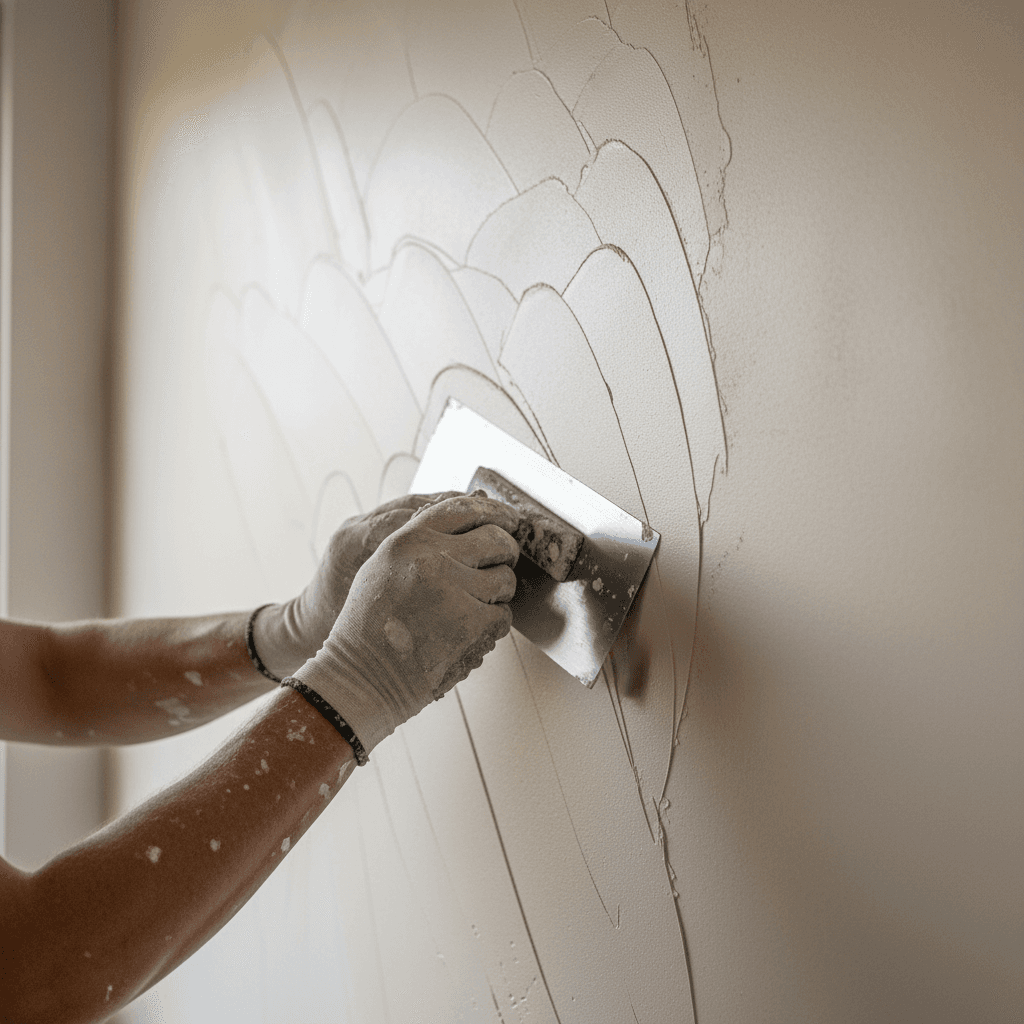 Plasterer applying smooth finish to an interior wall with a trowel
